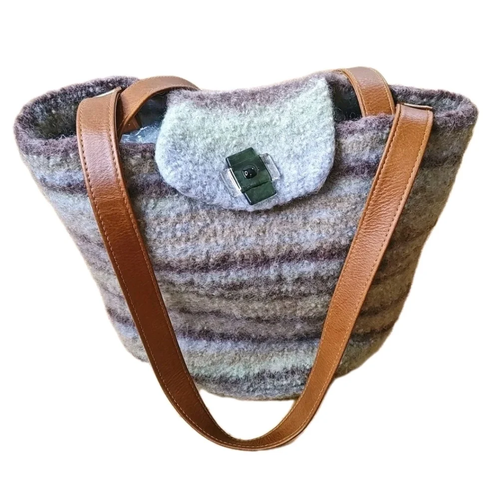 Artisan Handmade Fuzzy Wool Buckle Bag Purse Striped Glass Button Fold Over Top